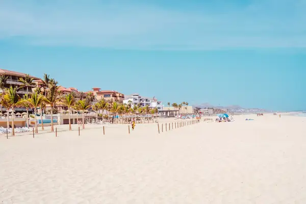 Beachfront with resorts and palm trees along the shore, clear blue sky and sandy beach