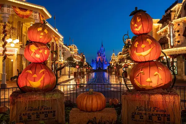 Jack-o-lanterns and other Halloween decor on Main Street U.S.A