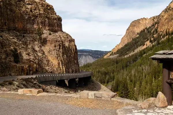 Bridge on the Grand loop Road running through Golden Gate Canyon in Yellowstone National Park, Wyoming facing north, horizontal