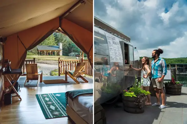 Two photos from camping resorts, including a luxury tent, and guests ordering from a canteen in an Airstream