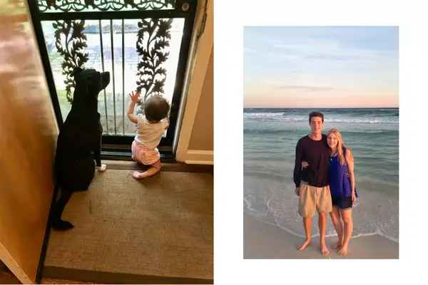 A baby and dog looking through a home front door and a couple on a beach during sunset