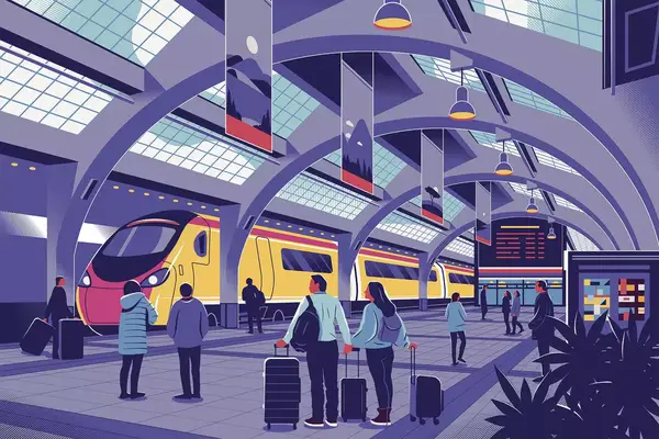 An illustration of a couple holding hands at train station 