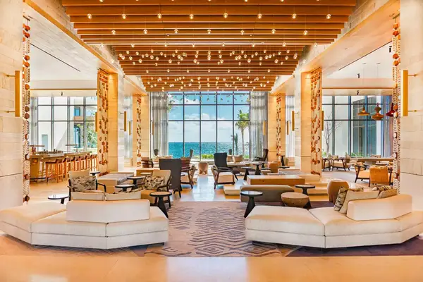 The lobby at the Hilton Cancun hotel