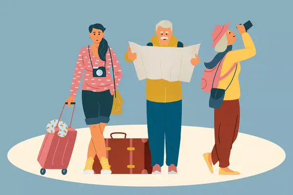 An illustration of a younger woman and elderly couple in an airport With Suitcases 