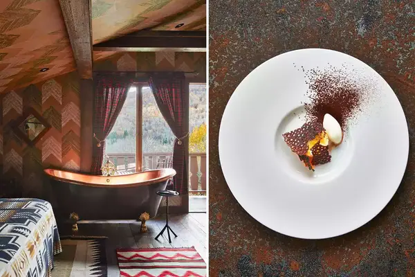 Pair of photos showing a hotel guest room in the Catskills with fall foliage through the window, and a melon and chocolate dessert at the DeBruce