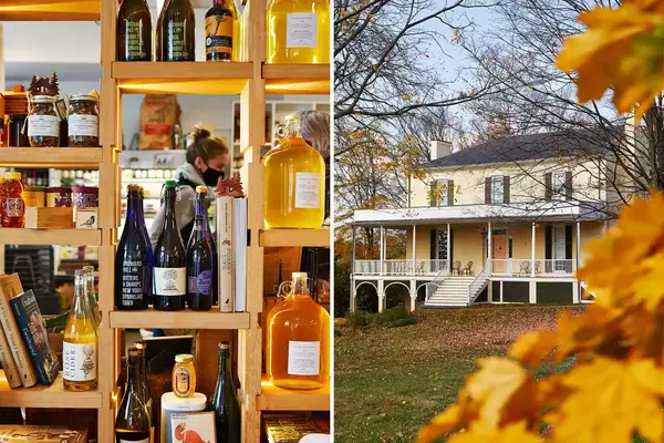 Scenes from the Catskills, including local products at display in a store, and the exterior of the Thomas Cole house