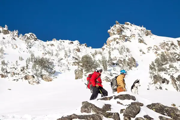 Two skiers and a dog at Big Sky, Montana