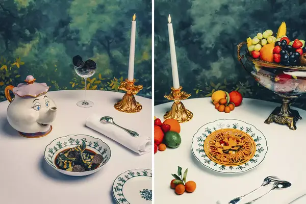 Pair of dishes from a Disneyland Paris restaurant, one showing ravioli and one showing fruit salad