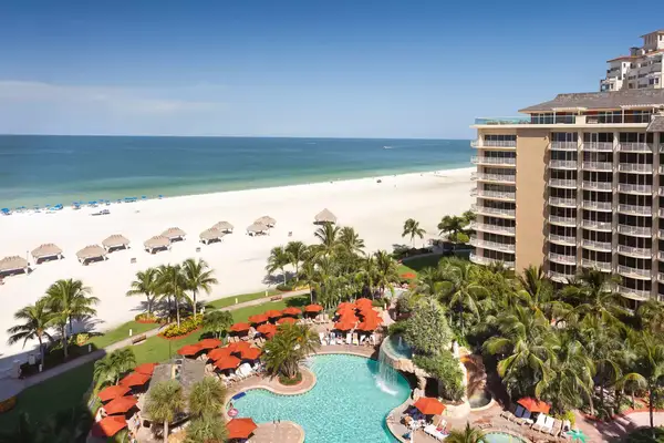 Aerial view of pool area of Marco Island beach resort