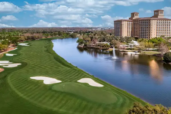 Wide shot of golf course on theThe Ritz-Carlton Orlando, Grande Lakes