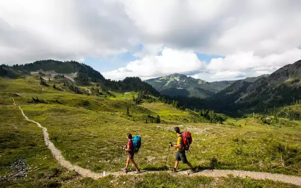 Hikers head along a trail near Port Angeles, Washington