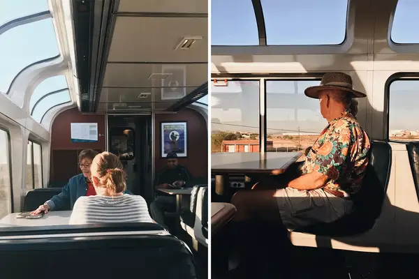 Two vertical images show people riding a train with large windows as Texas scenery goes past outside.