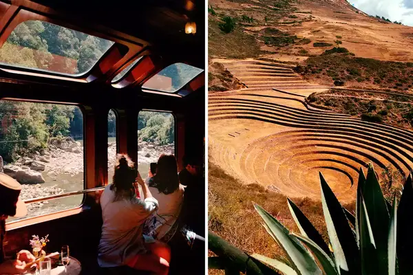 A pair of photos one showing two women looking out a train window and the other a landscape in Peru.