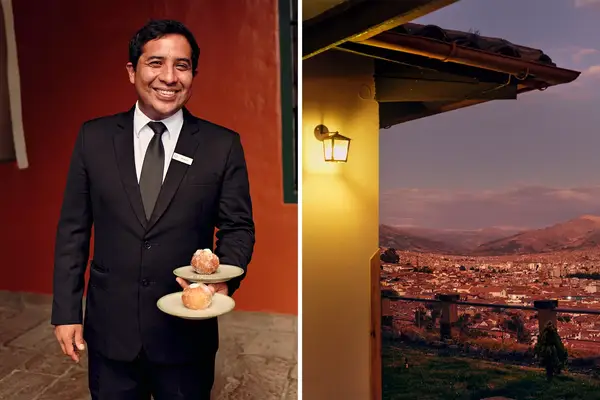 A pair of photos one showing a waiter and the other the side of a building with a partial landscape view.
