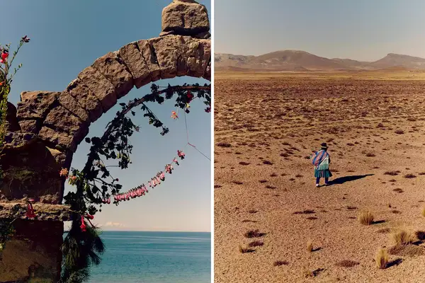 A pair of photos one showing a stone arch and the other a woman crossing the desert in Peru.
