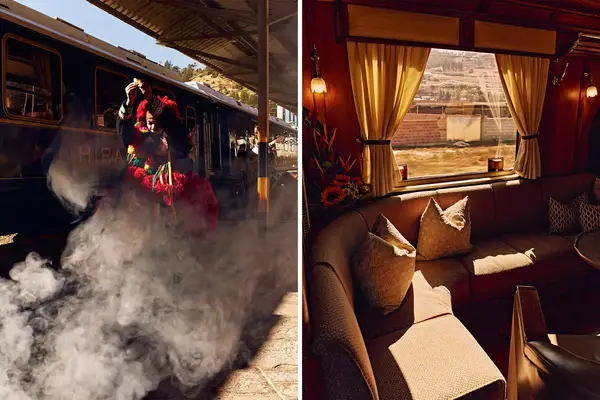 A pair of photos on showing a train blessing and the other a train interior.