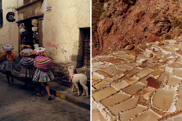 A pair of photos one showing a group of women and the other salt terraces in Peru.