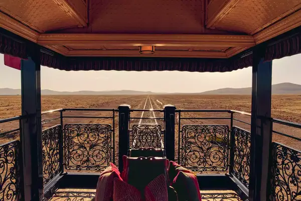 The back of a train looking onto railroad tracks.