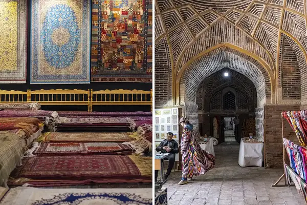 A marketplace with carpets displayed and an interior of an architectural hall in Bukhara