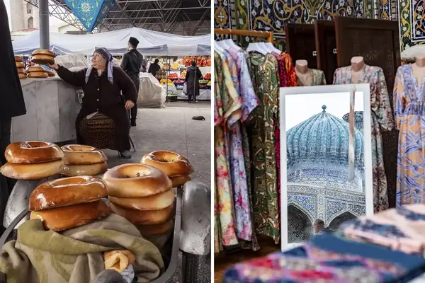 Side-by-side images, left shows a bread vendor in a market, right displays dresses and a mirror reflecting architecture