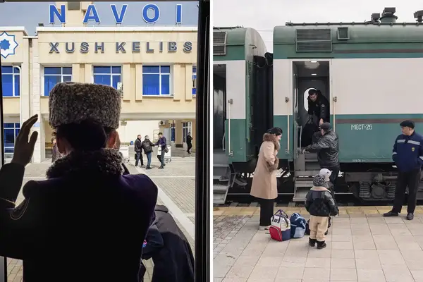 Train station scene with an attendant greeting people, passengers boarding or standing beside a train at a platform