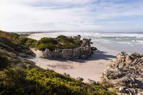 Rocky coastal landscape with sandy beach and vegetation