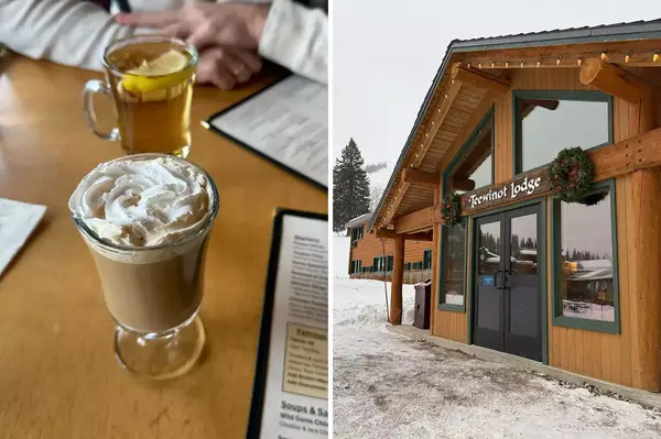 Warm drinks and a lodge exterior 