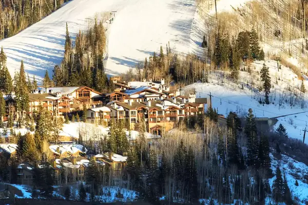 Aerial view of a mountain resort in winter