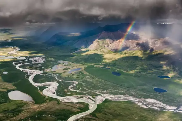 Aerial view of a rainbow in Gates of the Arctic National Park in Alaska 