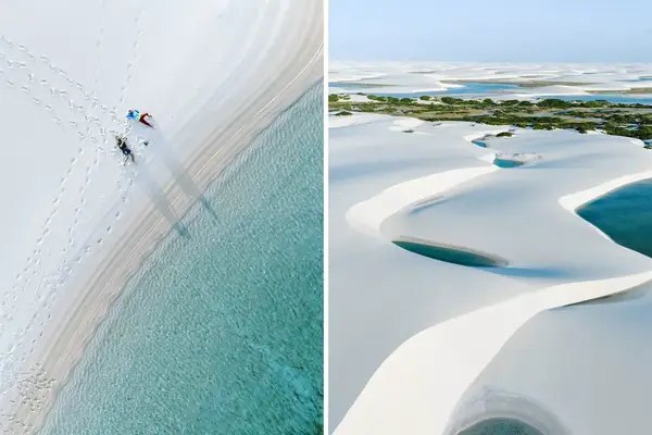 Pair of photos from Brazil, showing aerial photos of white sand dunes and turquoise water