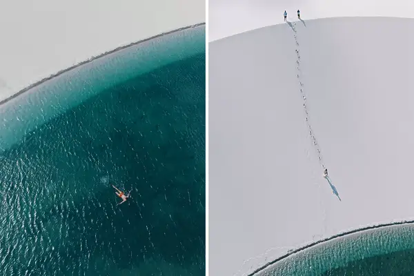 Pair of photos from Brazil showing people in the water and on the sand of white dunes and turquoise lagoon water