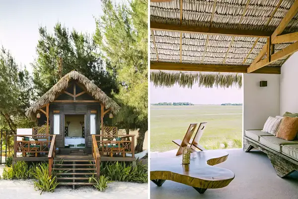 Pair of photos from Brazil, one showing a guest bungalow, and one showing a veranda with a view