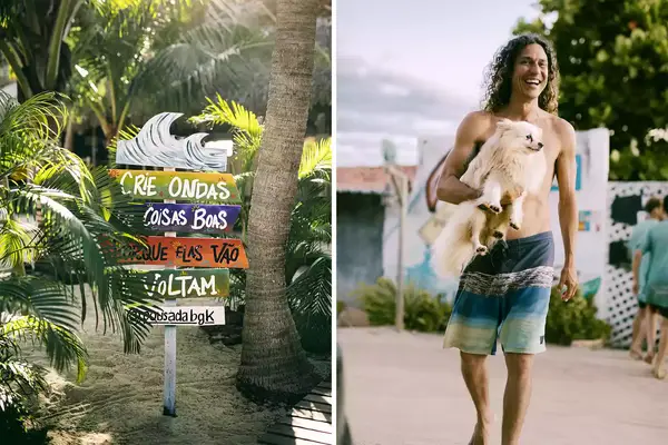 Pair of photos from Brazil, one showing a signpost and one showing a surfer and his dog.
