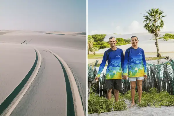 Pair of photos from Brazil, one showing tire tracks in sand dunes, and one showing a homestay host couple in colorful shirts