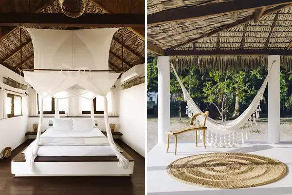 Pair of photos from Brazil hotels, one showing a guest room with a canopy over the bed, and one showing a hotel hammock on a terrace