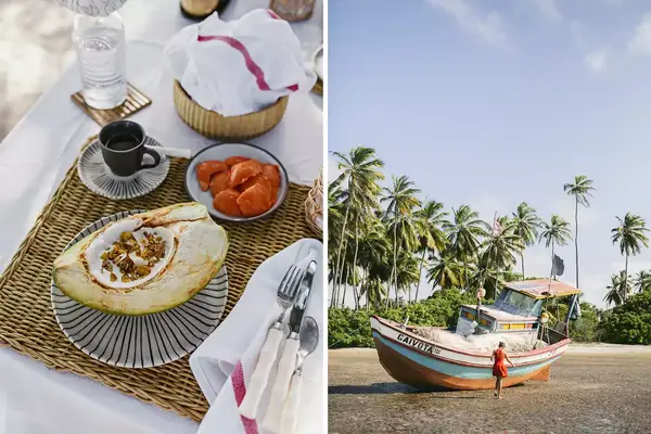 Pair of photos from Brazil, one showing a hotel fruit breakfast, and one showing a boat at low tide