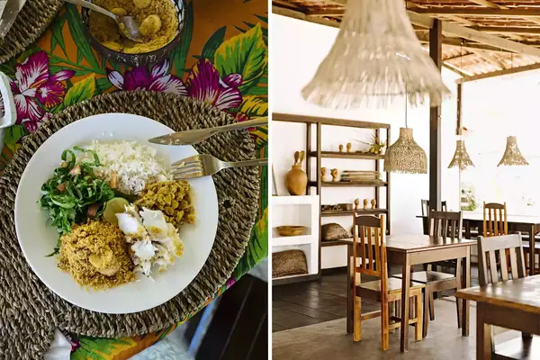 Pair of photos from Brazil, one showing a plate of fish and salad, and one showing a table in a hotel restaurant