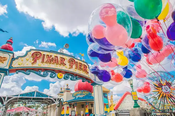 Balloons and ferris wheel at Pixar Pier, Disneyland 