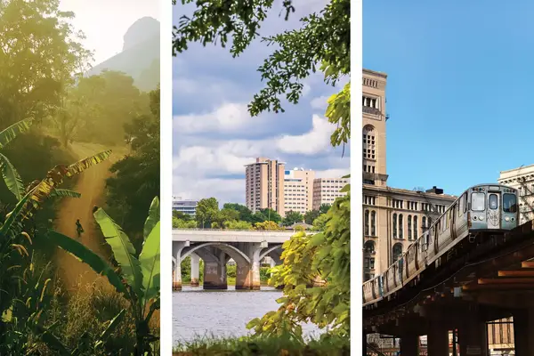A Cameroon village road, the bridge and skyline in Tulsa and a Chicago train going through the city