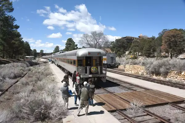  A Grand Canyon Railway train, operating since 1901 arrives at the South Rim of Grand Canyon National Park, 