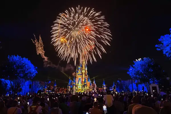 night shot of fire works in the sky exploding over lit castle