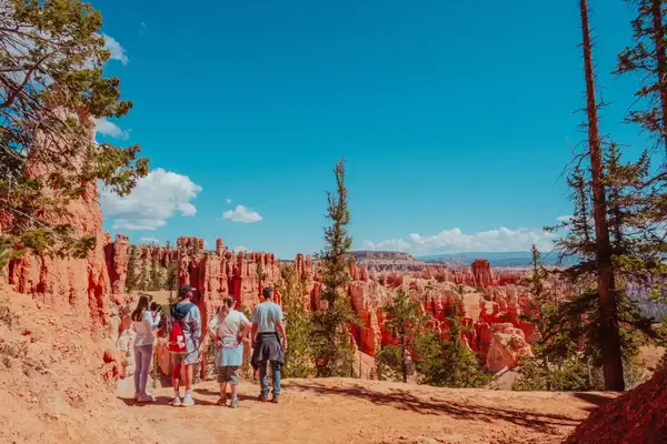 A family on a cliff looking at the landscape