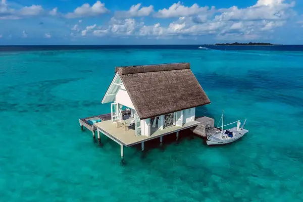 Aerial of overwater wedding chapel in the Maldives