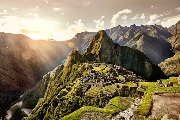 Aerial view of Machu Picchu during sunrise 