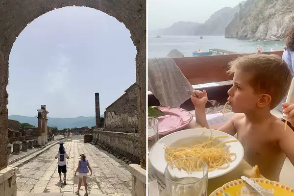 Two scenes from Italy, including a family walking through an arch in Pompeii, and a boy eating spaghetti at a waterside restaurant