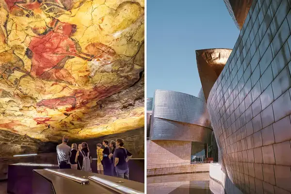 Pair of photos from Spain, one showing cave paintings in a museum and one showing modern architecture of a museum