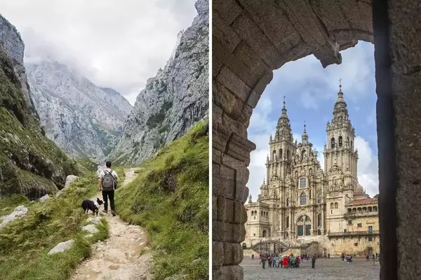 Pair of photos from Spain, one showing a man hiking with mountains in the background, and one showing a historic town square