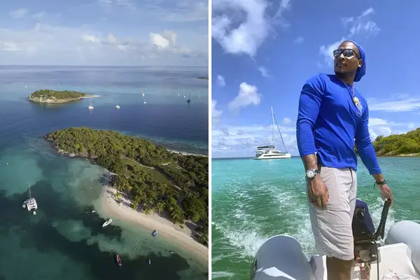 Pair of photos from the Grenadines, one showing boats in a cay, and one showing a boat captain