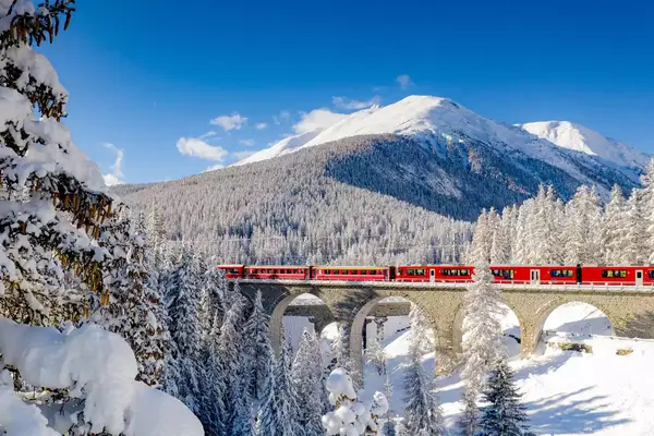 Clear sky on Bernina Express train crossing the forest covered with snow, Chapella, Graubunden canton, Engadine, Switzerland