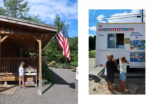 Small child at Five Acre Farm under a shef and a few kids wait for ice cream by the beach